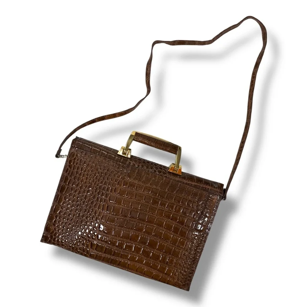 Vintage Vivaci‎ Brown Faux Alligator Croc Embossed Attache Handbag 80s Rare EUC